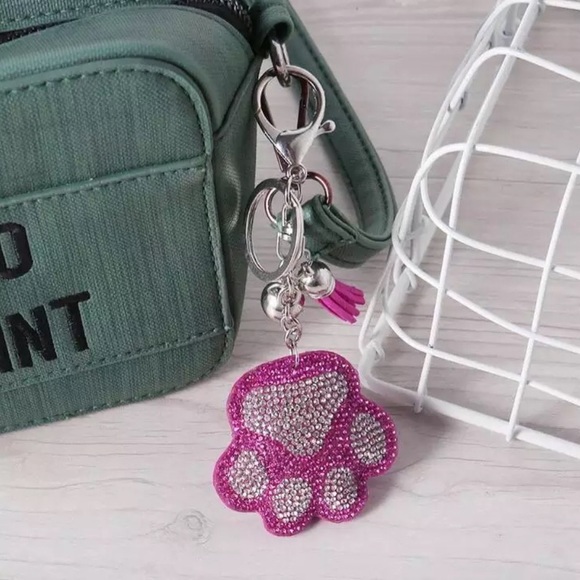 Pink Crystal Paw Print with Tassel on a Keychain - Picture 7 of 8